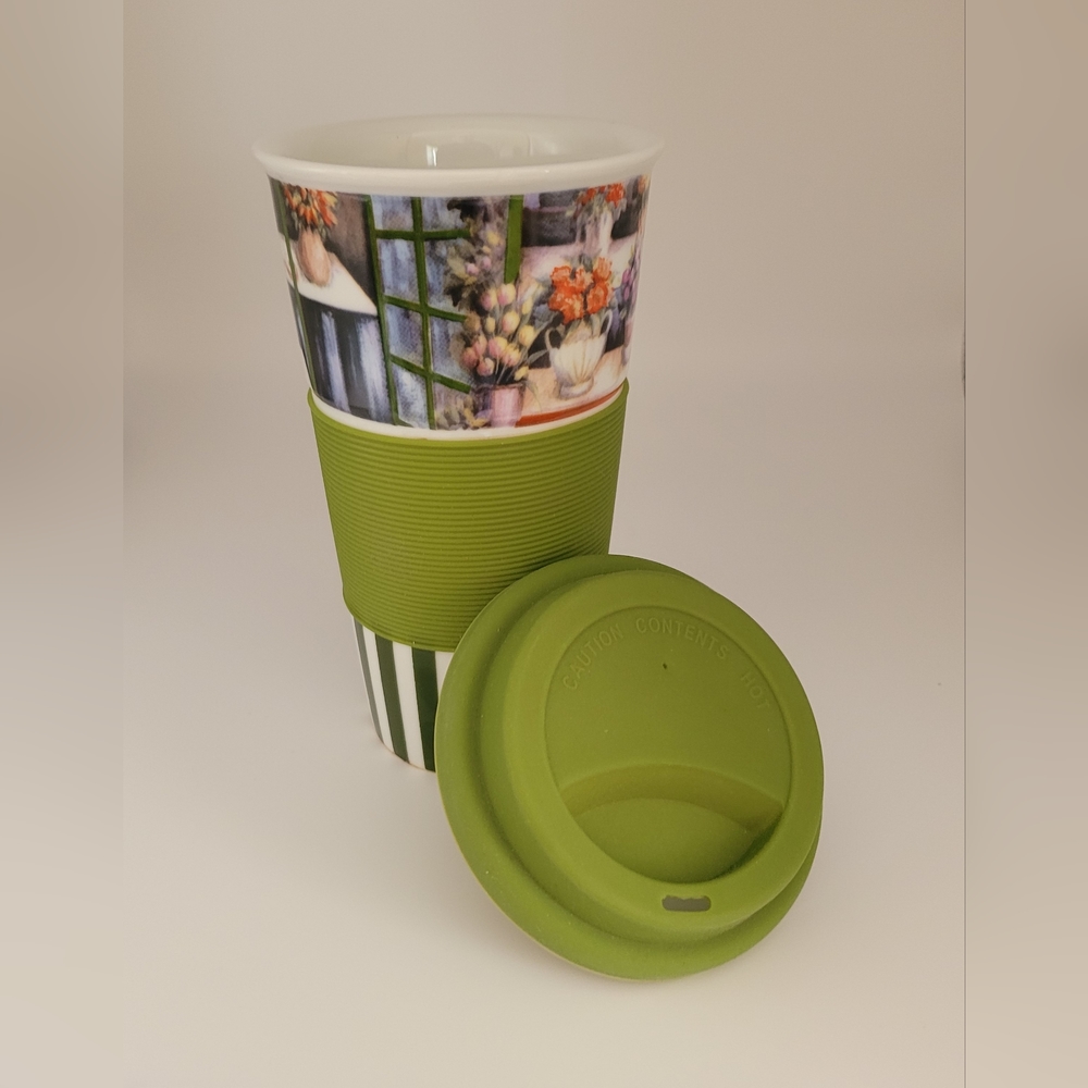 Century Multi-Colored Garden Graphic Ceramic Travel Tumbler w/Lid & Grip